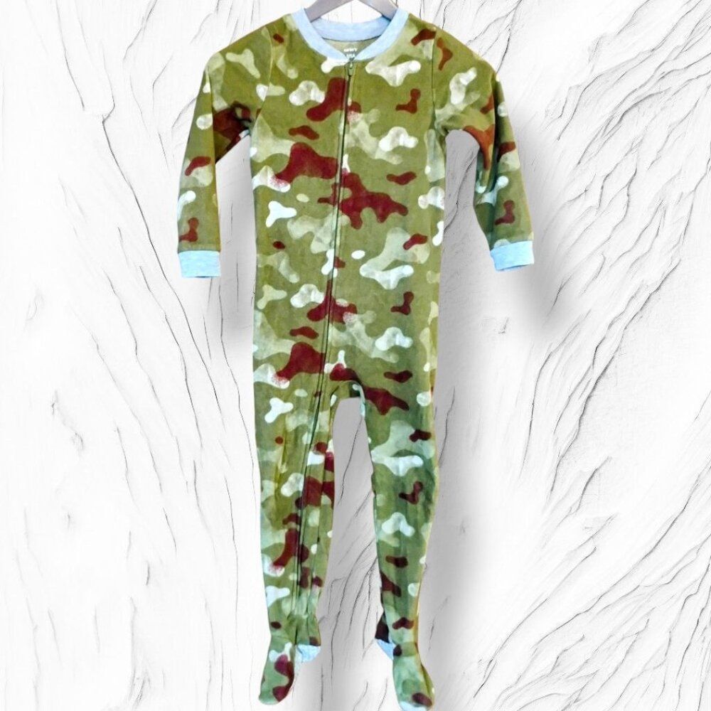 Carters Boys Pajamas Footed 1 Piece Fleece Zip Up Jammies Green Camouflage Sz 5